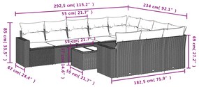 11 pcs conjunto sofás de jardim c/ almofadões vime PE preto