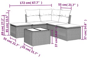 6 pcs conjunto de sofás jardim c/ almofadões vime PE castanho