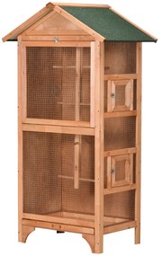 PawHut Gaiola para Pássaros de Madeira com 3 Portas 4 Poleiros Bandeja Amovível e Teto Asfáltico 80,5x57x153 cm Natural