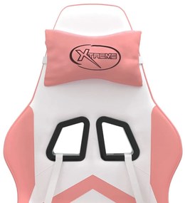 Cadeira gaming giratória c/ apoio pés couro artif. branco/rosa