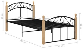 Estrutura de cama 90x200 cm metal/madeira carvalho maciça preto
