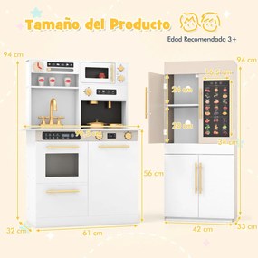 Cozinha brincar para crianças 60 x 31 x 95 cm de 2 peças com fogão, frigorífico e cartaz interativo com luzes e sons para maiores de 3 anos Branco