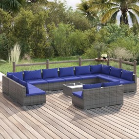 vidaXL 13 pcs conjunto lounge de jardim c/ almofadões vime PE cinzento