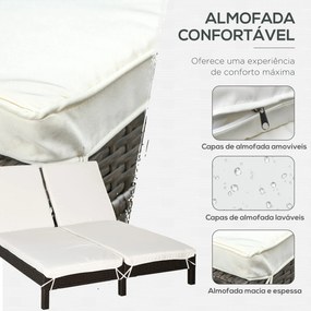 Outsunny Conjunto de Espreguiçadeiras Exterior de Vime 2 Lugares com Almofadas Acolchoadas Resistente à Água com Encosto Ajustável em 5 Níveis Suporta 220kg 195x120x28cm Marrom e Branco Creme