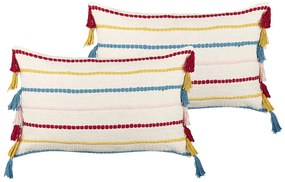 Conjunto de 2 almofadas decorativas em algodão multicolor com padrão de riscas e borlas 40 x 60 cm AGAVE Beliani