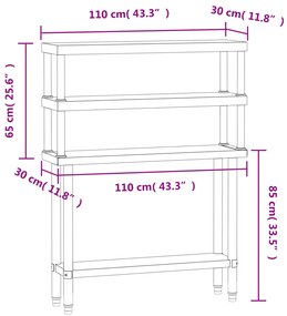 Mesa trabalho cozinha c/ prateleira 110x30x150cm aço inoxidável