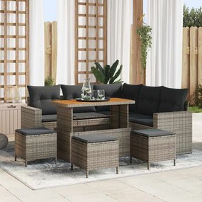 Conjunto de Sofás de 9 Peças para Jardim com Almofadas Cinza em Vime Poly Acácia