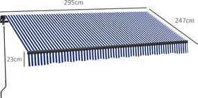 Toldo manual retrátil para varanda 295 L x 247 L cm, com inclinação ajustável, manivela, estrutura em alumínio e tecido de poliéster azul e branco