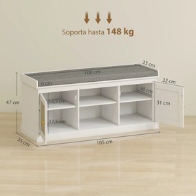 Banco Sapateira com Assento Acolchoado Portas em Vime e Prateleira Aberta para 9 Pares de Sapatos 105x35x47 cm Branco
