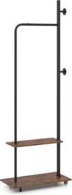 Cabide de pé com rodas universais 60 × 30 × 175 cm, barra para pendurar, ganchos laterais, prateleiras de arrumação e estrutura metálica em Castanho R
