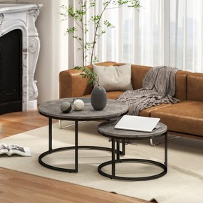 Conjunto de 2 mesas baixas centro encaixáveis e empilháveis, de design industrial, com tampo em imitação de cimento e pés em metal cinzentas e pretas