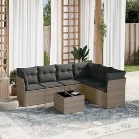 7 pcs conjunto sofás p/ jardim c/ almofadões vime PE cinzento