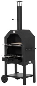 Outsunny Forno de Pizza Exterior com 2 Camadas Forno a Lenha com Rodas Gaveta Removível Prateleira para Jardim 64x54x160 cm Preto | Aosom Portugal