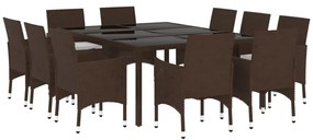 11 pcs conjunto de jantar para jardim vime PE castanho