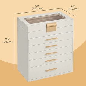 Caixa para joias com 6 compartimentos,e com 5 gavetas 16,3 x 25,1 x 29 cm, tampa de vidro Branca