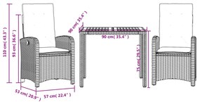 3 pcs conjunto de jantar p/ jardim c/ almofadões vime PE cinza