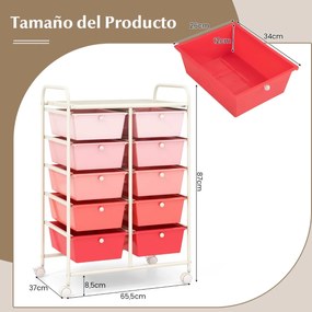 Carrinho móvel multiuso com 10 gavetas organizador sobre rodas 65,5 x 37 x 87 cm Rosa