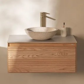 Conjunto De Móvel De Casa De Banho Suspenso 80x50 Cm Em Madeira De Freixo Tedrik Castanho Fresno & Cimento Redondo Branco Ø40 Cm Zavion & - Sklum