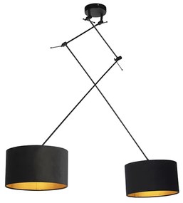Candeeiro de suspensão preto com abajures de veludo preto e dourado 35 cm 2-luzes - Blitz Moderno