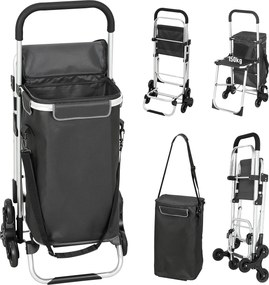 HOMCOM Carrinho de Compras, bolsa Oxford 40 L, design de 3 rodas, estrutura em alumínio, assento, cinza escuro | Aosom Portugal