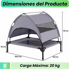 Cama Elevada para Cães, 78,5 x 63 x 70 cm, Toldo Desmontável, Cinzento
