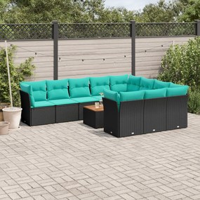 vidaXL 11 pcs conjunto sofás de jardim c/ almofadões vime PE preto