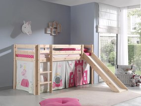 Conjunto Cama alta de Criança PINO 90 x 200 cm + estrado + escada + escorrega + cortina Princesa Natural