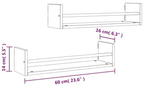 Prateleiras parede c/ barras 2pcs 60x16x14cm carvalho castanho