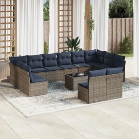 vidaXL 13 pcs conjunto sofás p/ jardim c/ almofadões vime PE cinzento