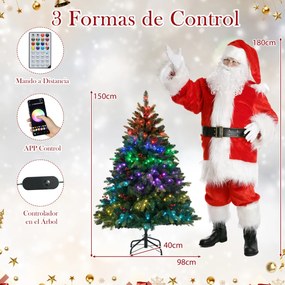 Árvore de Natal artificial pré-iluminada de 150 cm com comando remoto 250 luzes RGB multicoloridas controladas por APP 584 pontas de ramos Verde