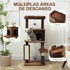 Arranhador para Gatos Grande Altura 132 cm com Plataformas Postes com Escova Bolas Suspensas e Almofadas para Arranhar Castanho