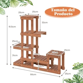 Estante de madeira de 6 níveis para plantas com flores Estante decorativa de canto em escada de 6 níveis para jardim Varanda exterior 90 x 25 x 91,5 c