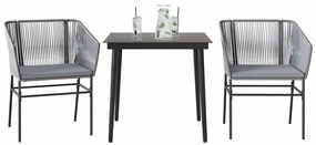 Conjunto jantar jardim 3 peças almofadas vidro vime cinzento PE