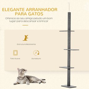 Arranhador para Gatos de Chão ao Teto com Altura Ajustável 4 Plataformas e Poste de Sisal 43x27x228-260 cm Cinza