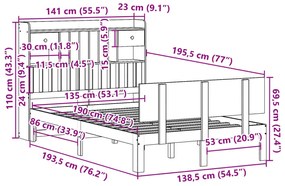 Cama com estante sem colchão 135x190 cm pinho maciço branco