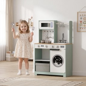 Cozinha de Brincar em Madeira com Lavandaria, Dispensador de Gelo, Gaveta em Tecido, Cabides e Acessórios em Aço Inoxidável, Verde
