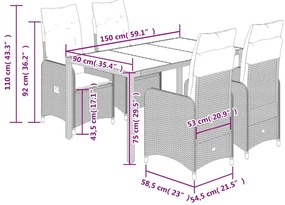 5 pcs conjunto bistrô p/ jardim c/ almofadões vime PE castanho