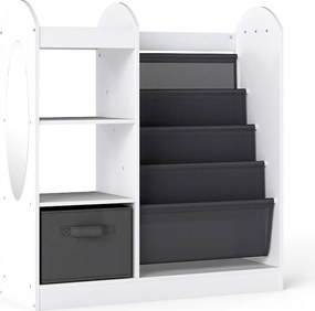 Estante para crianças 87,5 x 30 x 90 cm espelho de corpo inteiro Organizador de brinquedos com gaveta e prateleiras de tecido de 4 níveis Branco