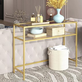 Mesa consola com 2 níveis, mesa de entrada 35 x 100 x 80 cm vidro, aço dourada