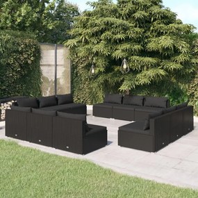 12 pcs conjunto lounge de jardim c/ almofadões vime PE preto