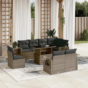 9 pcs conjunto sofás p/ jardim com almofadões vime PE cinzento