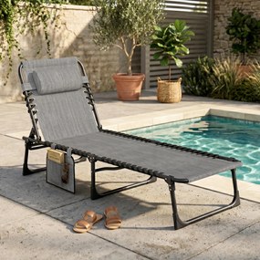 Espreguiçadeira dobrável com encosto reclinável em 5 posições e apoio para a cabeça removível, 189 x 58 x 30 cm, cinzenta