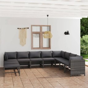 11 pcs conjunto lounge de jardim c/ almofadões vime PE cinzento