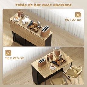 Mesa de bar extensível com aba 116 x 79,6 x 90,5 cm, mesa alta de cozinha, 1 armário e 4 compartimentos abertos, preta e efeito de madeira natural