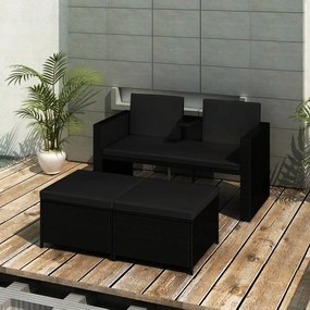 vidaXL 3 pcs conjunto lounge para jardim c/ almofadões vime PE preto