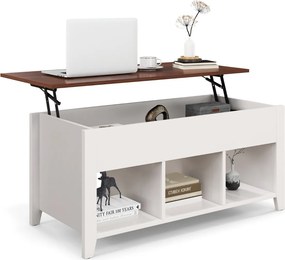Mesa de centro de madeira elevável multifuncional com 3 prateleiras abertas para sala de estar 105 x 52 x 49 cm branca