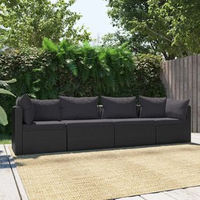 4 pcs conjunto sofás de jardim c/ almofadões vime PE preto