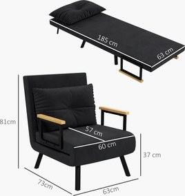 Poltrona convertível 4 em 1 63 L x 73 P x 81 A cm em cama individual com encosto de 5 posições, braços em madeira e almofada, tecido com efeito de vel