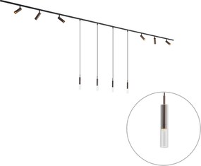 Sistema de calhas de iluminação moderno preto com 6 focos e 4 candeeiros suspensos bronze escuro monofásico - Slimline Uzzy Loyce