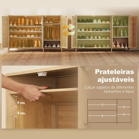 Armário para Sapatos de Bambu com Portas de Ripas Capacidade para 14 Pares Prateleiras Ajustáveis Madeira